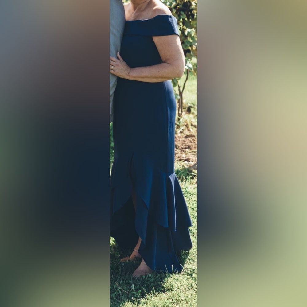 Adrianna Papell Navy Off-the-Shoulder Maxi Gown - Picture 4 of 10